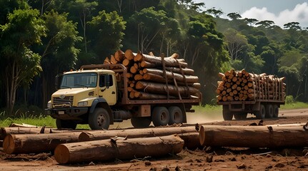 Fototapeta premium A truck overloaded with woods in a forest.generative.ai