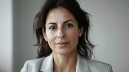 Dark-haired woman with a serene gaze in a light-colored blazer, making eye contact with the camera in UHD 4K Sharp Focus