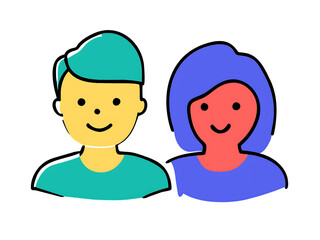A vector illustration depicting male and female face silhouettes or icons, serving as avatars or profiles for unknown or anonymous individuals. The illustration portrays a man and a woman portrait.
