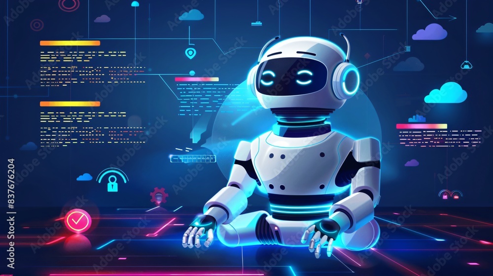 Poster robot surrounded by data on table