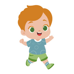 Cartoon cute red-haired boy running and jumping. Colorful vector isolated kids illustration.