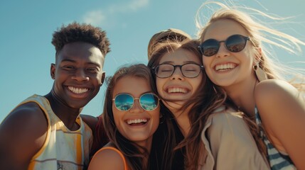 Obraz premium Four energetic teenagers are taking a selfie with the sun shining brightly behind them