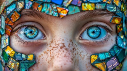 stained glass covers their eyes and the upper part, while the lower part is blue (Repeat upper part once instead of