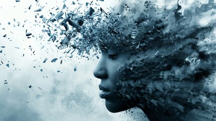  A black-and-white image of a woman's face with numerous shards of glass embedded; behind it, a separate image of a woman's head