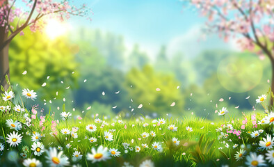 Obraz premium Beautiful spring meadow with flowers and trees in sunny day. Background for banner, poster or invitation card with copy space. Blurred green grass field with daisies, blue sky and sun rays. Spring bac