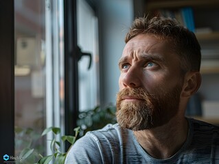 Bearded Man Deeply Contemplating While Gazing Out Window in Cozy Study Room