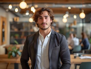 Fototapeta premium Confident Entrepreneur Posing in Thriving Startup Office Setting with Bustling Background