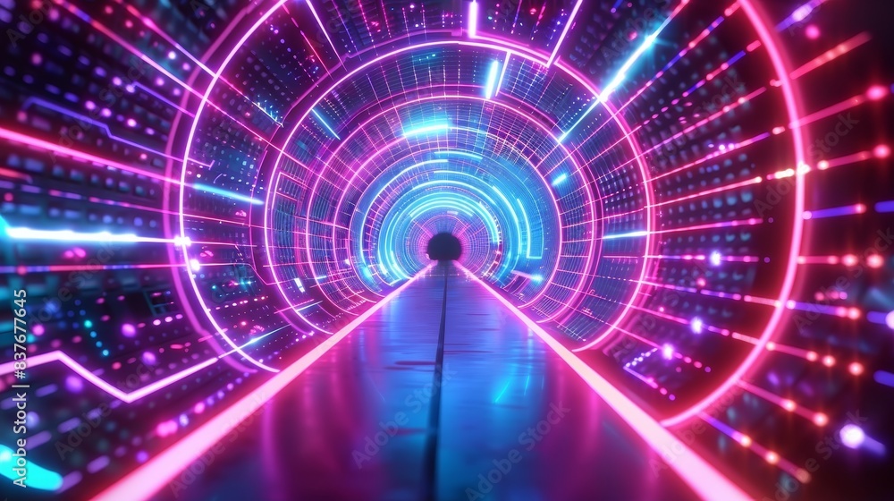 Poster transform abstract neon lights to create a digital technology tunnel