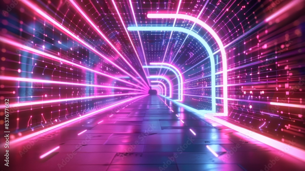 Poster transform abstract neon lights to create a digital technology tunnel