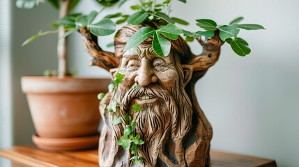 Fototapeta premium a statuette of a man's face atop, a potted plant in the foreground