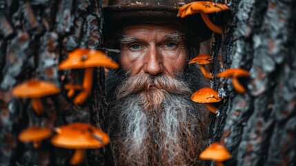  A bearded man in a hat stands before an orange-mushroom-laden tree Hat atop his head