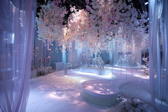 A soft, floraldecorated bridal expo is transformed with futuristic technology and innovative design elements