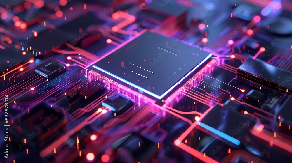 Poster a visually dynamic composition showcasing a chip with a vibrant, illuminated circuit board for a dig