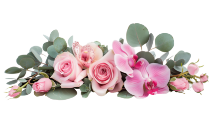 Pink roses, pink orchids, and eucalyptus leaves arranged in an arrangement on a transparent background