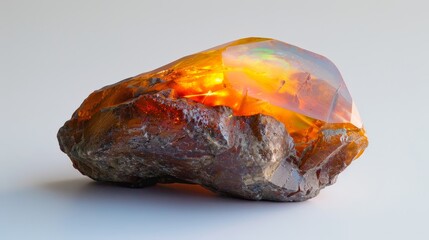 Fire Opal stone, photographed in the studio on a white background, showing the surface details and beautiful color of the stone, Ai generated Images