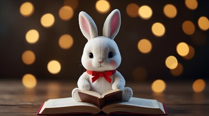 Cute rabbit doll reading a book on bokeh background.generative.ai 