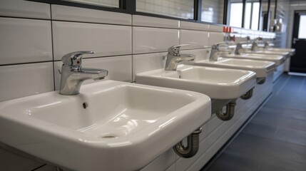Fototapeta premium A row of white sinks sits in a tiled wall, facing another row of white, wall-mounted sinks with chrome faucets
