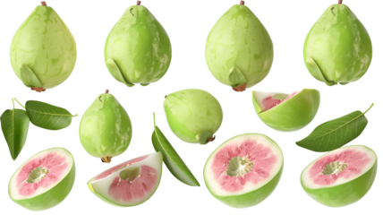 A variety of guava fruit cut into half, various shapes and sizes, pink color with green skin, white background