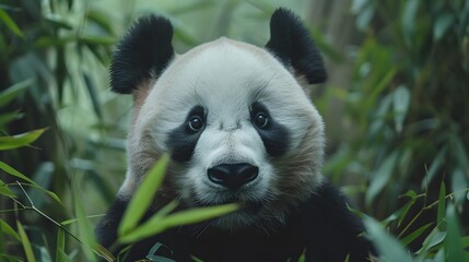 Gentle Giant Panda Munching on Bamboo in Lush Green Vegetation