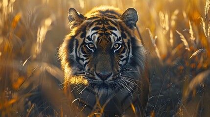 Majestic Tiger Prowling Through Tall Grass with Piercing Eyes and Glistening Fur in Sunlit Wildlife...
