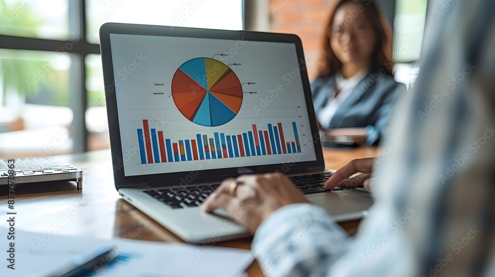 Poster financial consultant explaining diversification to client using laptop pie chart