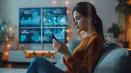 Young Woman Reviewing Personal Finances on Smartphone with Detailed Charts in Modern Living Space