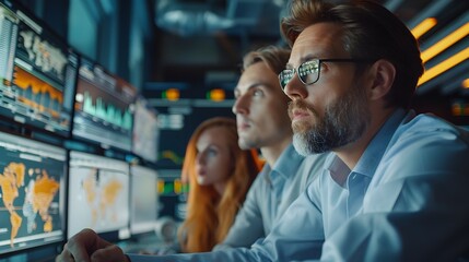 Business team analyzing financial projections with interactive digital screens and focused expressions