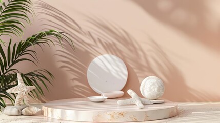 Craft a 3D podium stand suitable for product presentation on a summer vacation theme, with a clean and contemporary look that highlights the beauty of the items featured