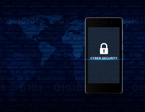 Key icon and cyber security letter on modern smart mobile phone screen over computer binary code on blue background, Cyber security online concept, Elements of this image furnished by NASA