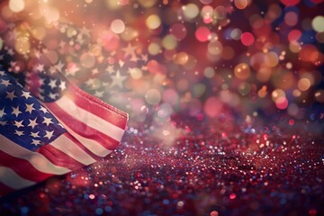 Craft a visually stunning composition featuring the stars and stripes of the American flag set against a blurred bokeh backdrop, ideal for patriotic celebrations - Powered by Adobe