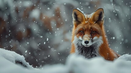 Obraz premium Playful Red Fox in Snowy Forest Fluffed Fur Against Cold Wildlife Portrait