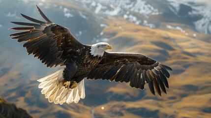Obraz premium Majestic Bald Eagle Soaring High Over Scenic Mountain Landscape