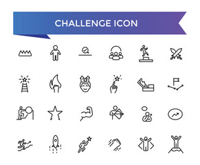 Challenge icon collection. Related to mission, competition, obstacle, battle, problem solving, teamwork, overcoming and triumph icons.