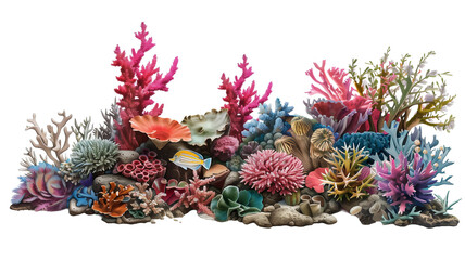 Colorful coral reef with fish and sea plants isolated on a transparent background