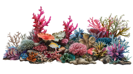 Colorful coral reef with fish and sea plants isolated on a transparent background