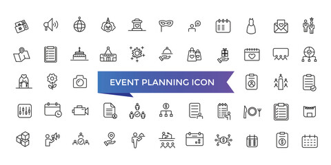 Event planning icon collection. Related to decorations, venue, event planner, registration, entertainment, catering and invitations symbol.