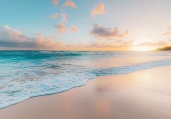 Obraz premium Golden Sunrise Over Gentle Ocean Waves, Peaceful Beach Scene at Early Morning