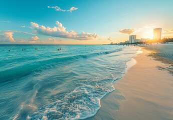 Golden Sunrise Over Gentle Ocean Waves, Peaceful Beach Scene at Early Morning