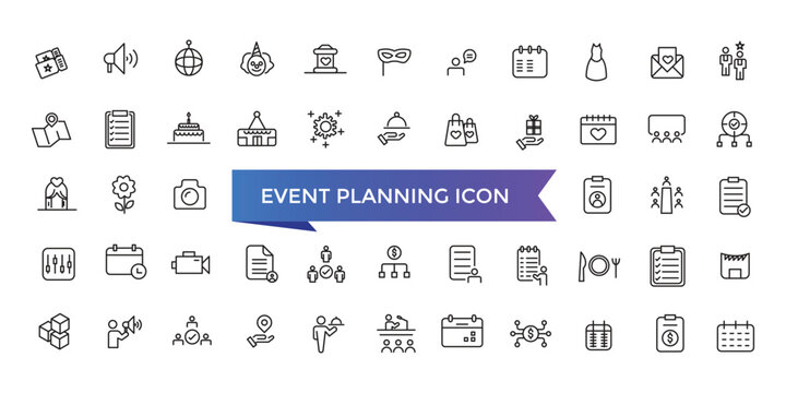 Event planning icon collection. Related to decorations, venue, event planner, registration, entertainment, catering and invitations symbol.