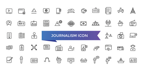 Journalism icon collection. Related to journalist, news, microphone, interview, reporter, podcast, press badge, newspaper and radio. Line icons set.