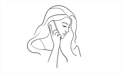 Girl talking on the phone and sad continuous line art drawing isolated on white background. Sadness, period, sadness, disappointment. Vector illustration