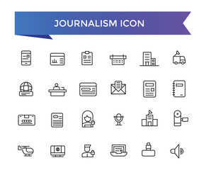 Fototapeta premium Journalism icon collection. Related to journalist, news, microphone, interview, reporter, podcast, press badge, newspaper and radio. Line icons set.