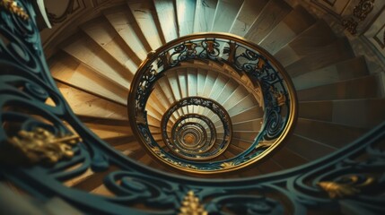 D arrow elegantly ascending over a winding spiral staircase