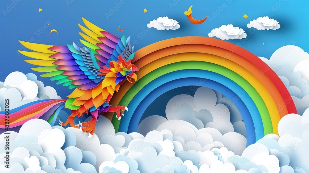 Poster a mythical griffin with vibrant feathers sliding joyfully down a rainbow into a sea of fluffy clouds
