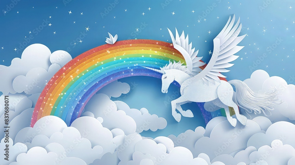 Poster a mythical pegasus with sparkling wings sliding joyfully down a rainbow into fluffy clouds