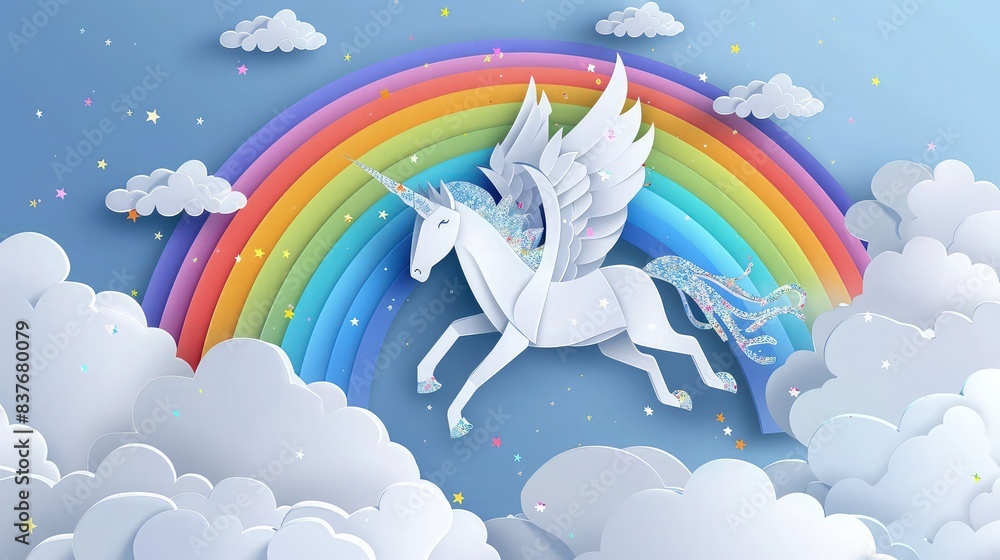 Poster a mythical pegasus with sparkling wings sliding joyfully down a rainbow into fluffy clouds, creating