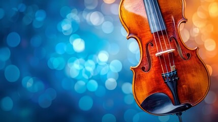 Fototapeta premium A tight shot of a violin on a stand, surrounded by softly blurred lights in the background The foreground features a hazy bokeh of blue and yellow light sources