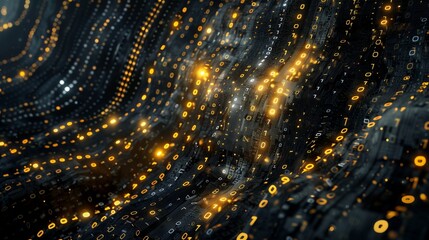 An artistic shot of a digital data wallpaper background, featuring flowing streams of binary code in luminous gold and silver against a dark, textured 