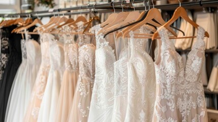  A window reveals a row of wedding dresses, each hanging on a rack Adjacent racks display more wedding gowns