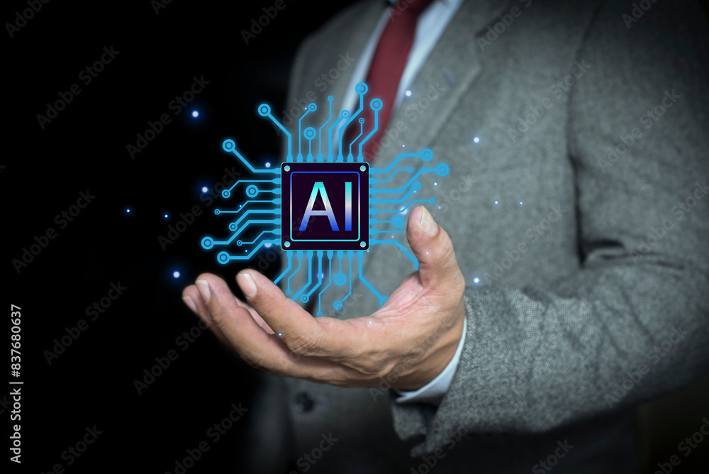 Aufkleber businessman hand showing ai technology. solve problem and data management on network, cyber security